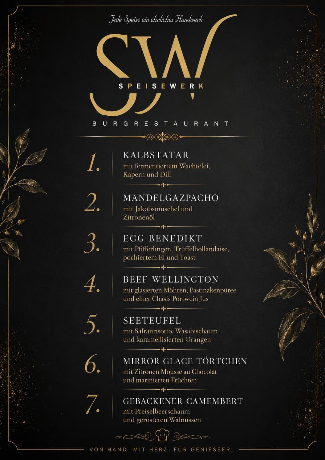 Speisekarte zum Menü-Abend – 7 Gänge